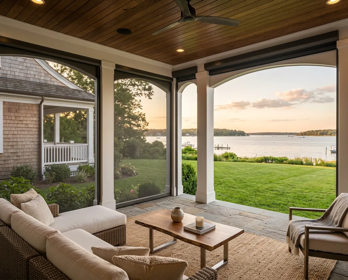 Covered porch with motorized screens lowered between the columns and a water view at golden hour