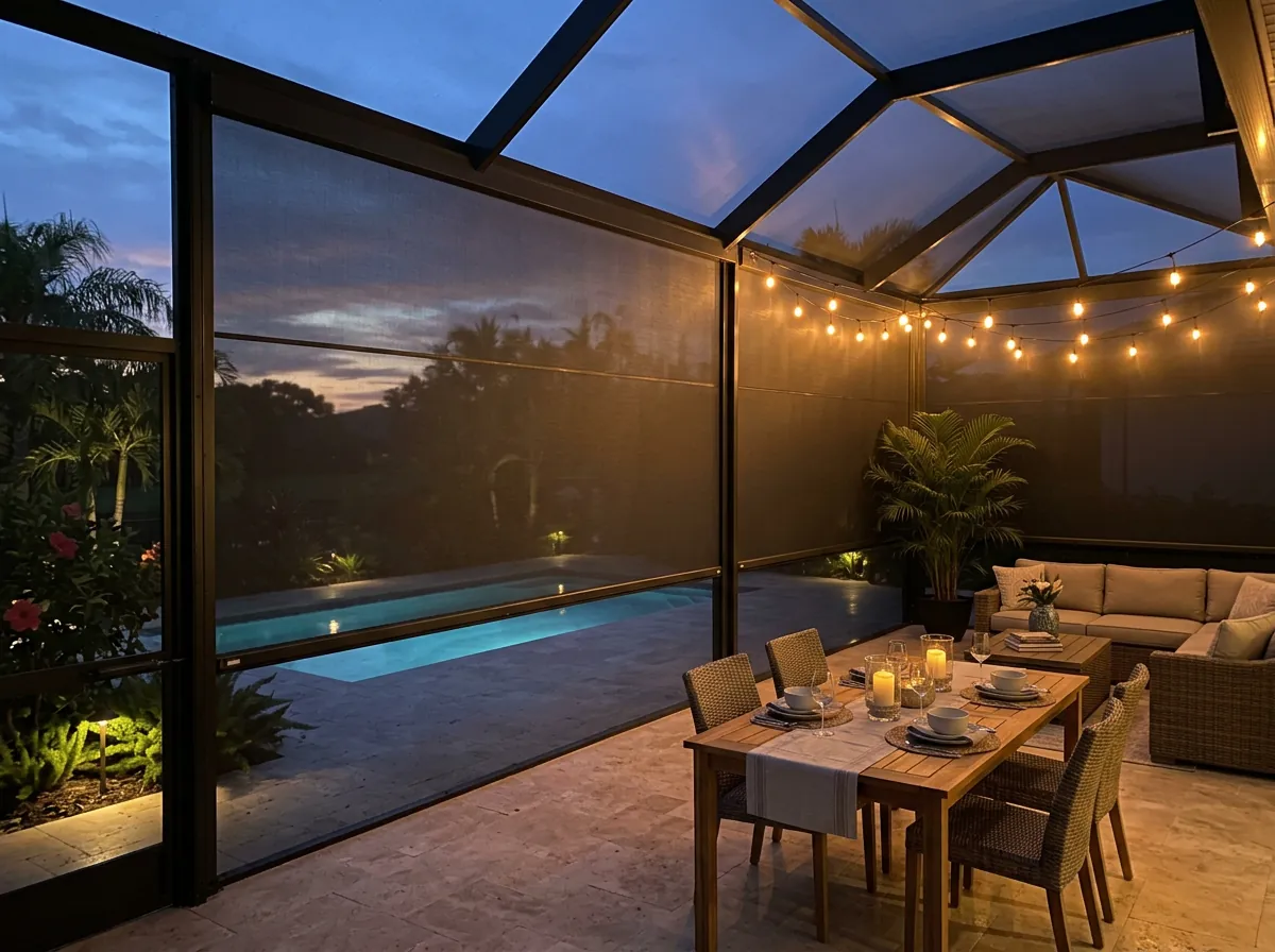 Pool lanai at dusk with screens lowered on all sides